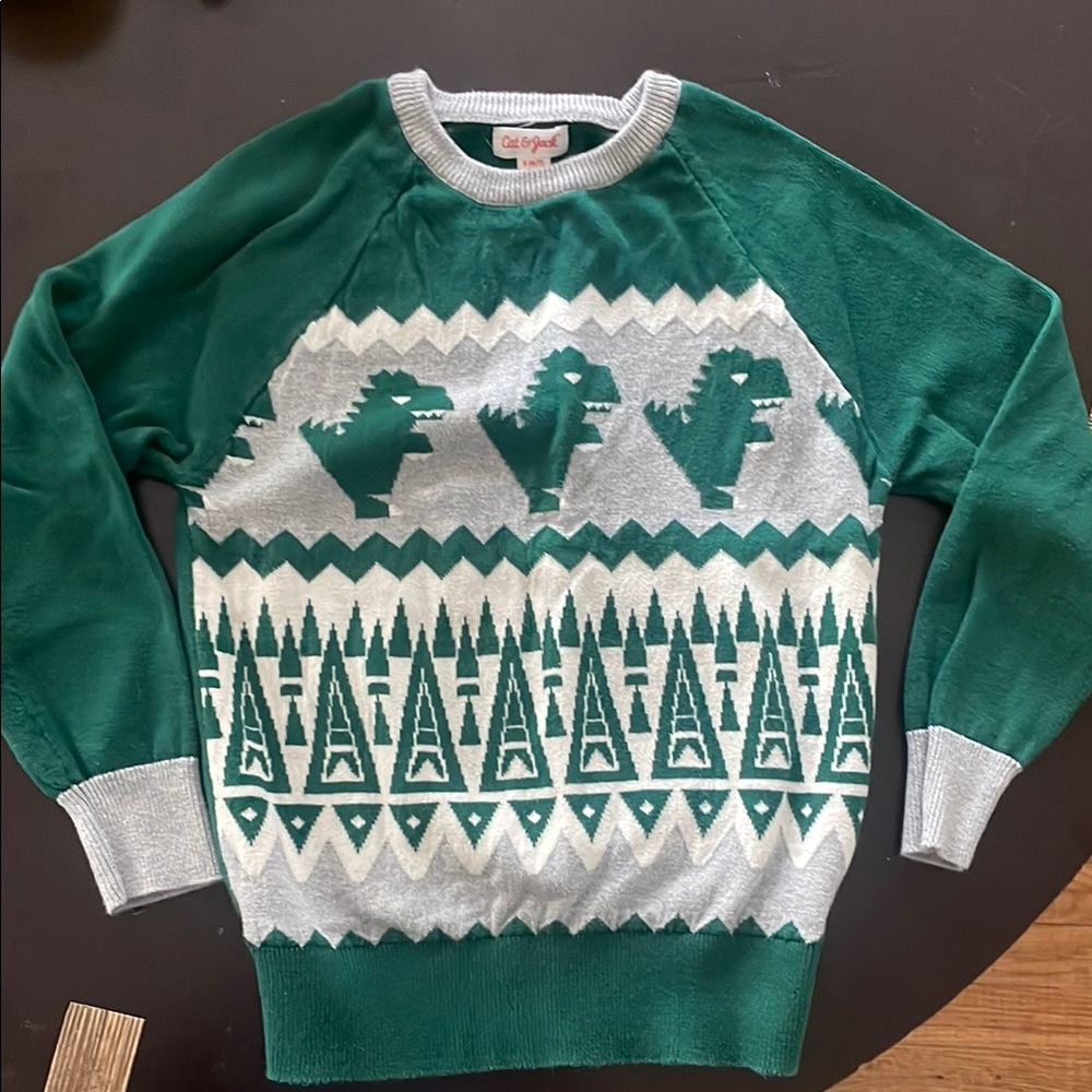 Green and Gray Dinosaur Sweater
